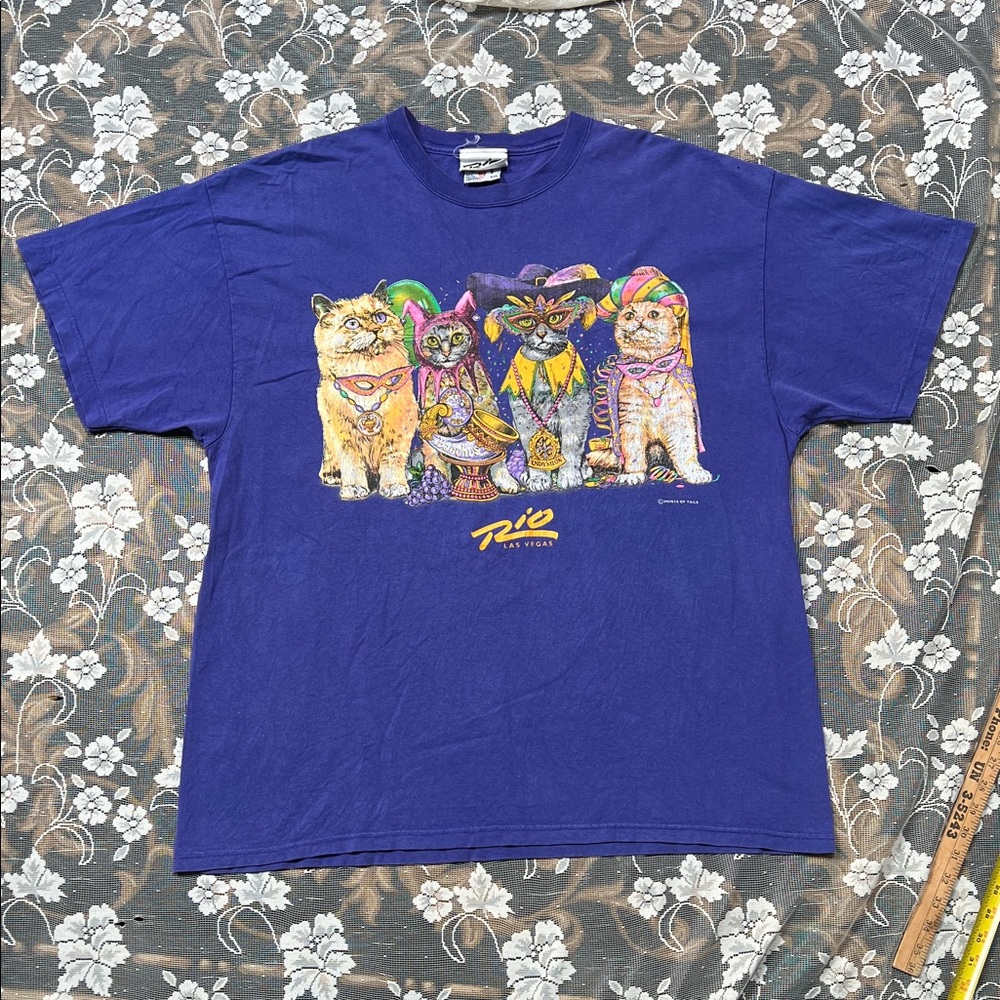Las Vegas Purple Cat Graphic Tee Front and Back Graphic